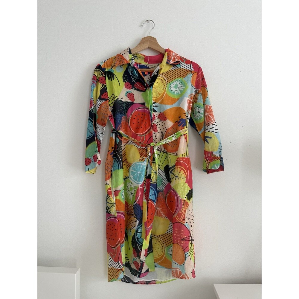 ✿ Vilagallo Colorful Fruit Print Shirt Dress Belted Long Sleeve Size 40